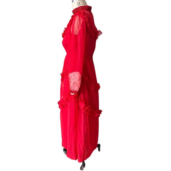 Vintage Red Ruffle & Crystal Embellished Long Sheer Dress Size Small - Picture 4 of 6